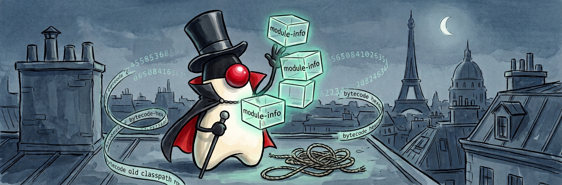 Viduke, in top hat and red-lined cape, juggles glowing module-info cubes over the Paris rooftops while ribbons of bytecode curl around him and a tangled old classpath rope lies at his feet